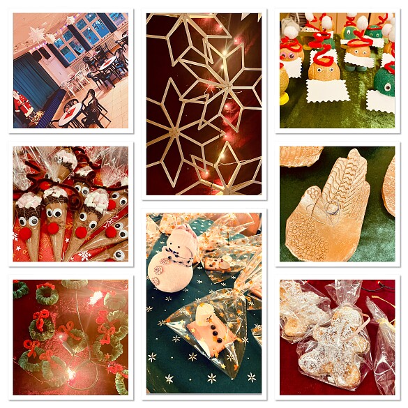 Eine Fotocollage zeigt einen Blick in die geschmückte Schulaula und Gebasteltes und Gebackenes 