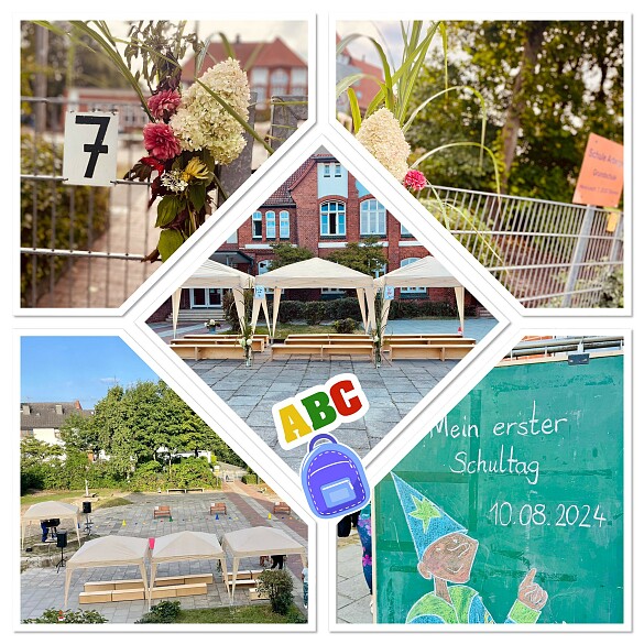 auf einer Photocollage sieht man Blumen am Schulzaun mit der Hausnummer 7, drei Pavillonzelte mit Sitzbänken auf dem Schulhof sowie einer Stelltafel mit der Beschriftung Mein erster Schultag 10.08.2024