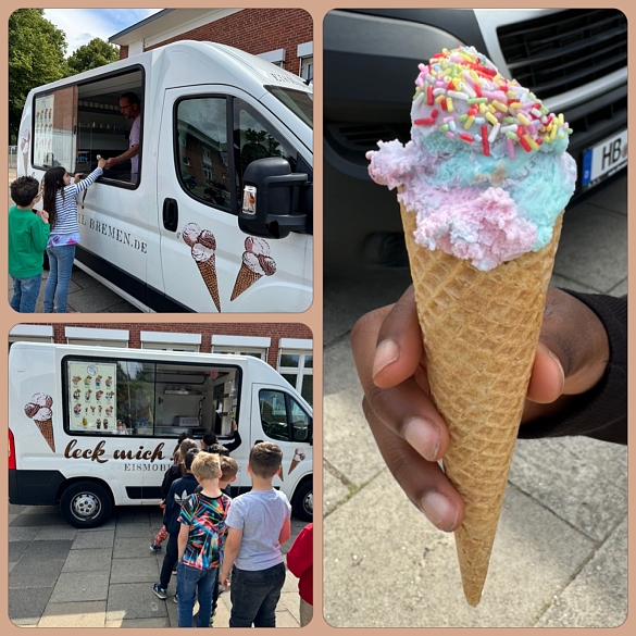 auf einer Photocollage sieht man eine Waffeltüte Eis mit bunten Streuseln in einer Kinderhand sowie mehrere Kinder von hinten vor einem Eiswagen in einer Reihe stehend